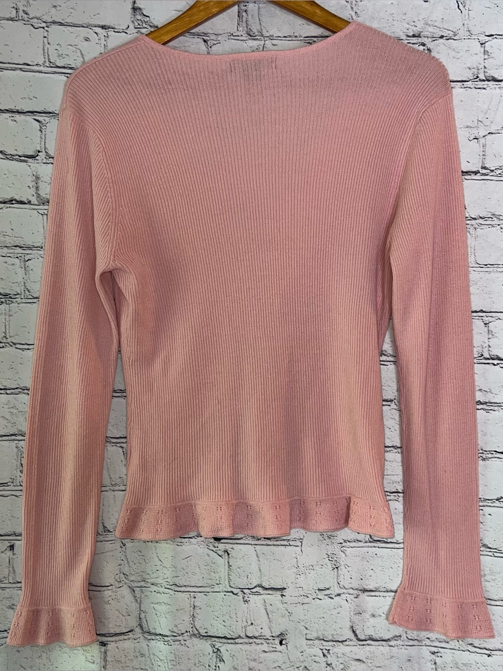 New York & Co. Pink Ribbed Lightweight Cardigan Sweater Flared Sleeves Coquette - Picture 2 of 5